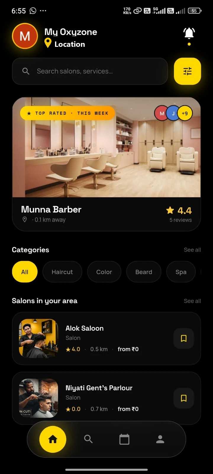 salonn app home screen showing nearby salons